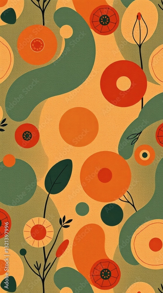 Poster a vibrant and colorful abstract pattern with organic shapes and floral elements