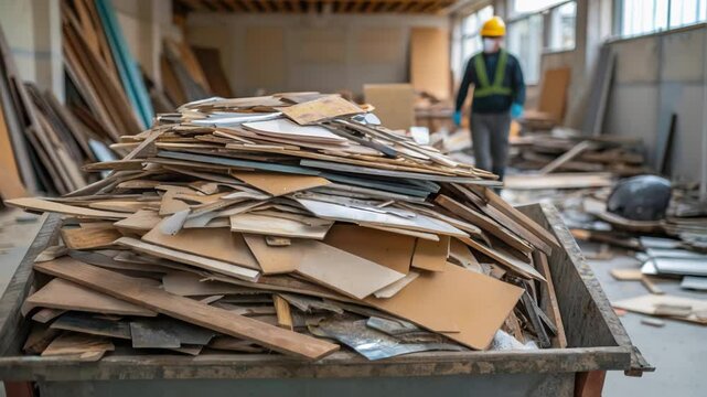Construction debris fills a metal cart, indicating ongoing renovation and waste management within a building site, while a worker in protective gear walks in the background