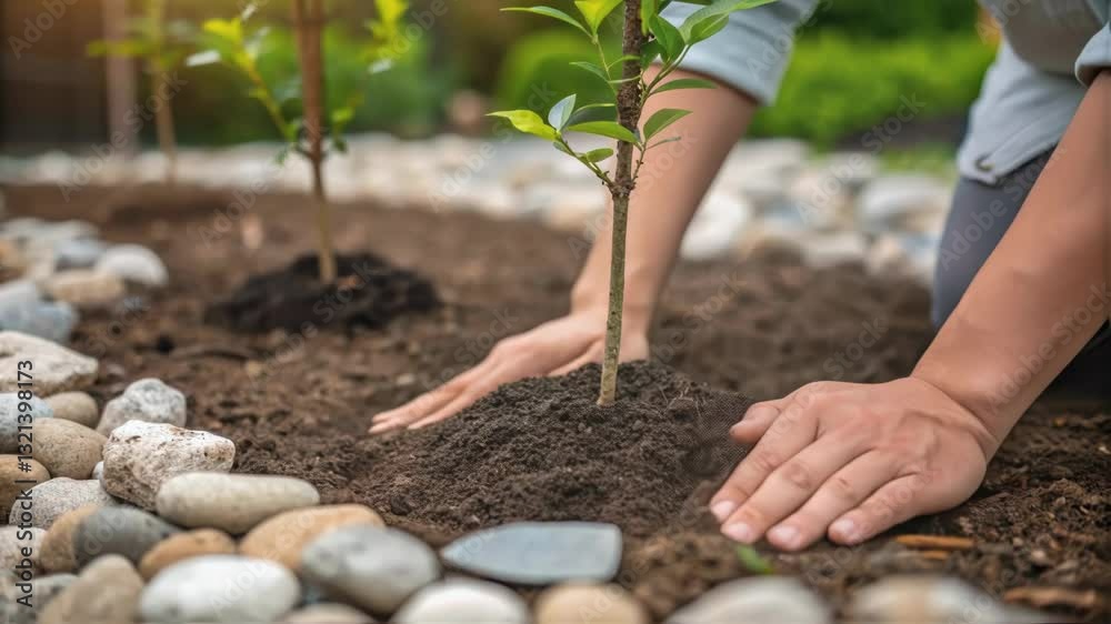 Poster Carefully positioning sapling in fertile soil, professional gardener gently handling and securing young tree during planting process with meticulous care and precision