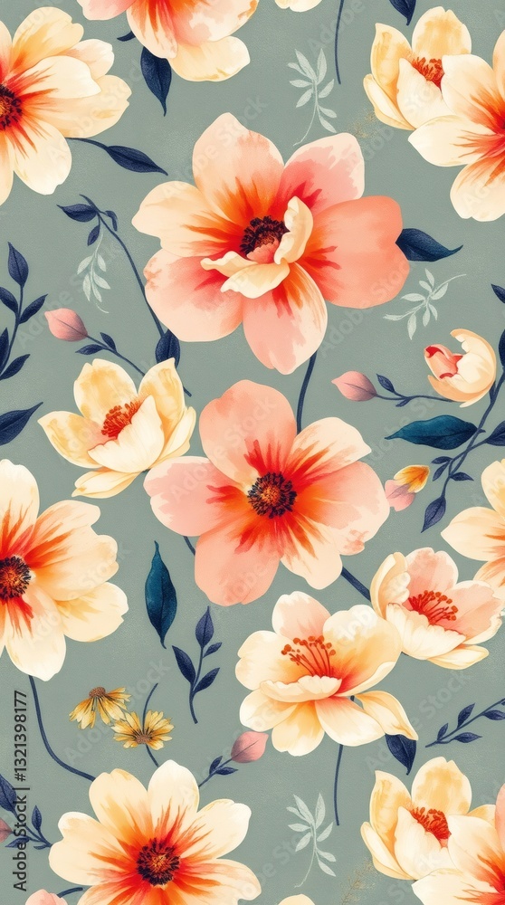 Poster a seamless floral pattern featuring watercolor style flowers with soft colors against a textured bac