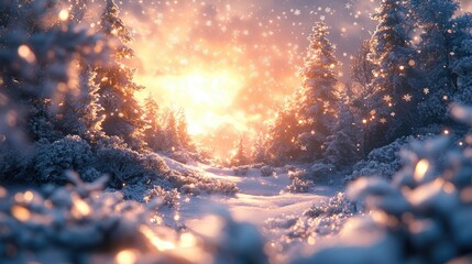 Winter sunrise, snowy forest path, magical light, holiday card