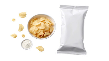Chips bag mockup with bowl of crispy potato chips and sour cream on white background