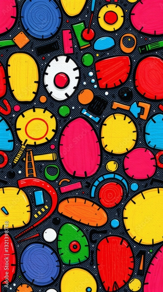 Poster a colorful abstract artwork with various shapes. the artwork features a variety of shapes and colors