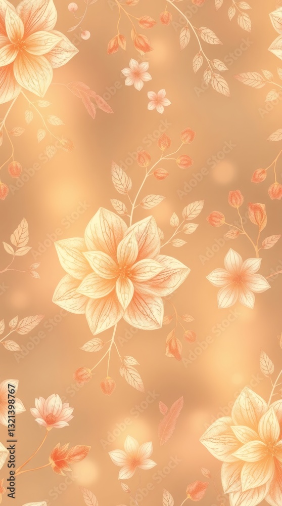 Poster a seamless floral pattern with soft, dreamy tones. the design features delicate flowers and foliage 