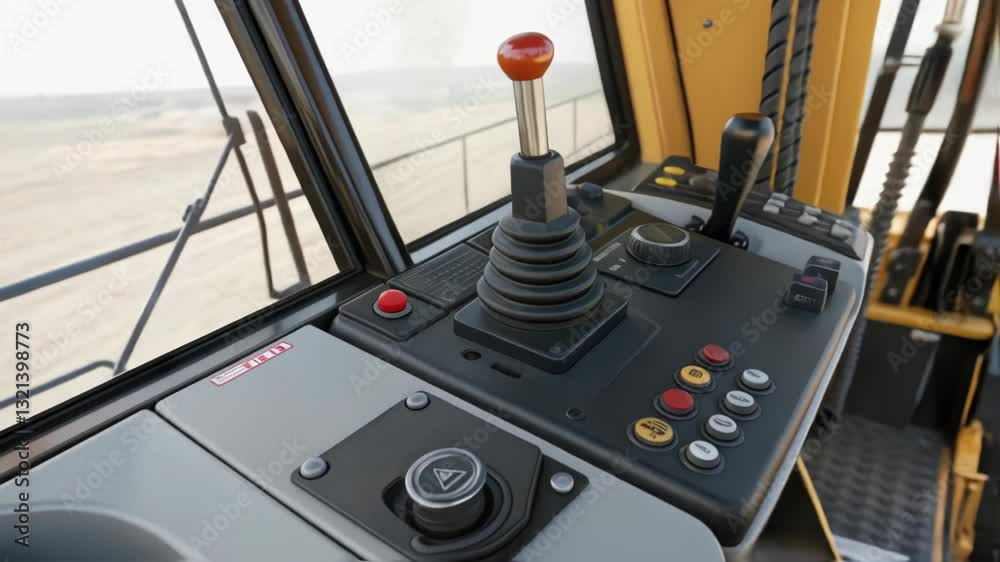 Poster control panel of a construction vehicle featuring a joystick, buttons, and levers, possibly indicati