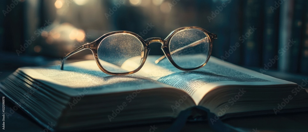 Poster a pair of glasses resting on top of an open book, perfect for educational or study-related uses