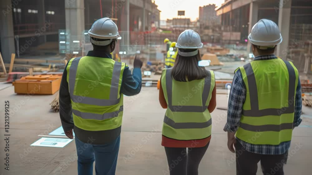 Poster professional construction team using holographic augmented reality technology for planning and inspe