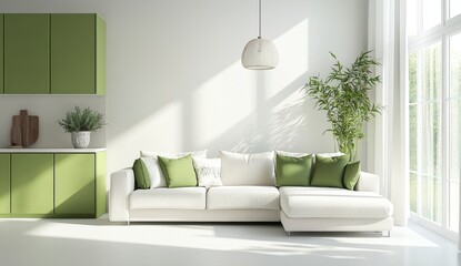 Bright Modern Living Room with White Sectional Sofa and Green Accents