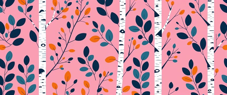 birch leaf pattern on pink plain background digital abstract art work illustration design