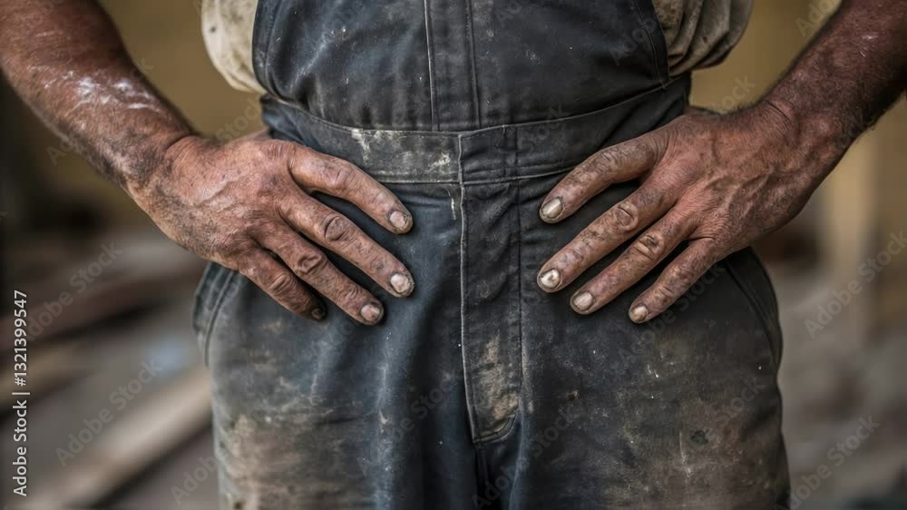 Poster close up of a worker's dirty hands resting on his hips after a long day of manual labor, highlightin