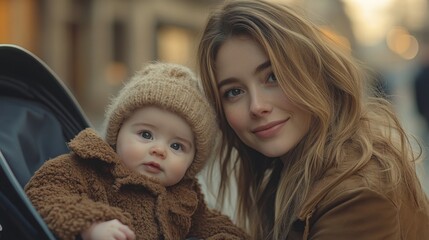 Obraz premium Young woman joyfully connecting with baby in stroller during a casual stroll in the park on a sunny afternoon