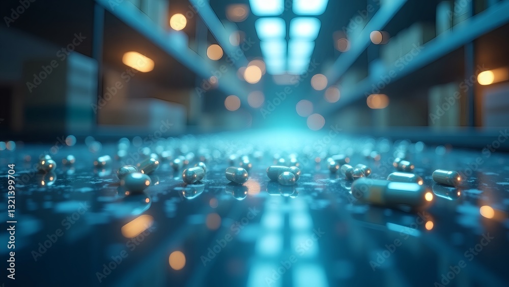 Aufkleber an eye-level shot featuring scattered pills, set on a futuristic-looking circuit board with bokeh