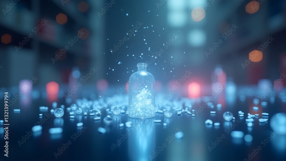 Aufkleber a magical bottle with glowing particles emitting and floating in the air with soft light around them. The composition creates a mystical and intriguing atmosphere