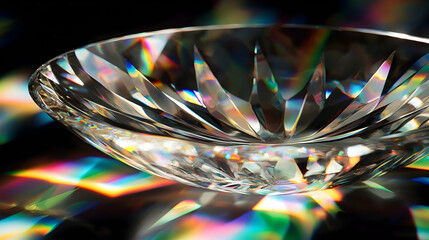 Crystal Bowl with Rainbow Light Refraction on Dark Surface Creates a Luxury Geometric Pattern