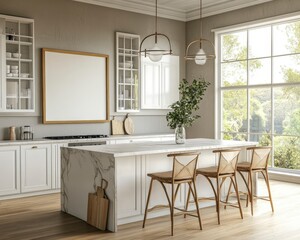 Bright White Kitchen with Marble Island and Large Windows