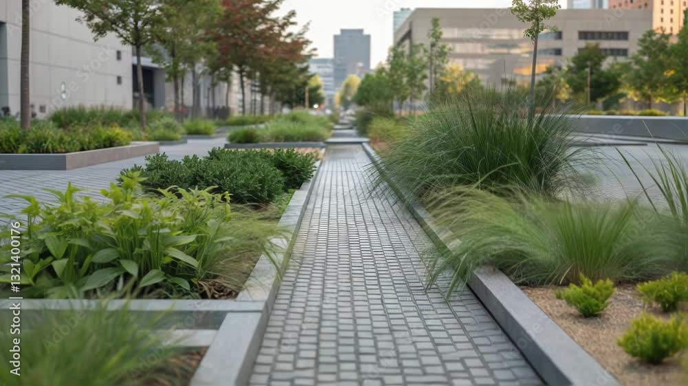 Poster Lush vegetation adorns a paved pathway, creating a serene urban oasis where gentle breezes rustle through leaves, offering a tranquil escape amidst the bustling city backdrop