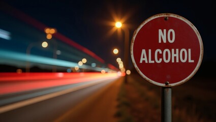 a "No Alcohol" road sign against the blurry light trails of passing cars. The sign is a warning about drunk driving