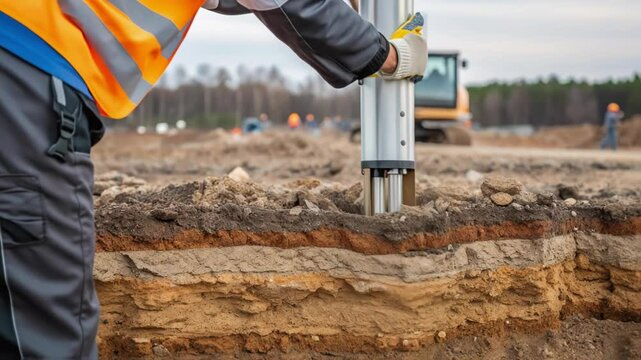 Construction worker collecting ground samples with specialized soil sampling tool during detailed geological investigation. Analyzing earth layers for scientific research and environmental assessment