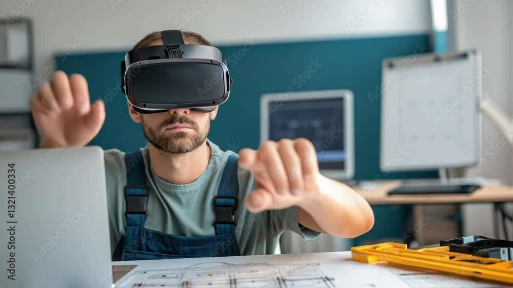 Aufkleber Professional architect wearing cutting edge virtual reality headset, manipulating intricate 3d building model through precise hand gestures within modern, technology driven office workspace
