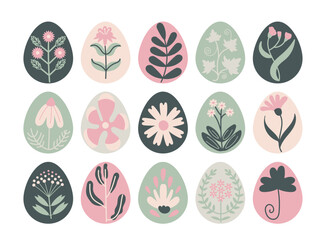Happy Easter eggs with flower prints folk hand drawn Scandinavian style isolated spring holiday set