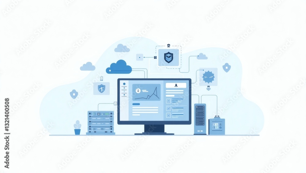 Poster a digital illustration featuring a computer screen surrounded by cloud computing symbols, emphasizing data security and network connectivity. The image conveys a sense of modern technology, security.