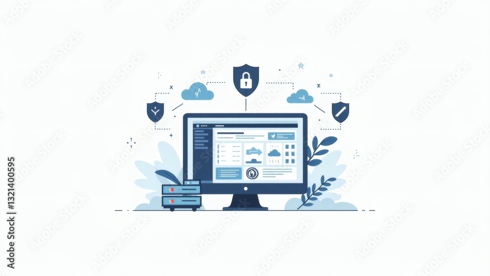 Aufkleber a secure computer system with protective shield icons and a network of interconnected data points