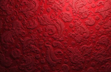 Luxurious red embossed velvet fabric. Elegant floral paisley pattern. Decorative damask brocade textile, seamless repeat design. Classic, vintage style background for print, web, surface design with