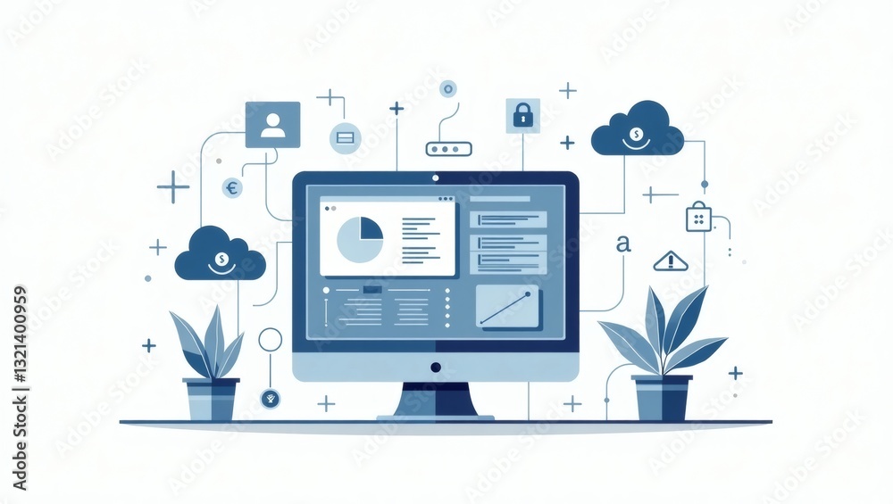 Aufkleber a conceptual illustration of a computer display surrounded by connected icons and objects, symbolizing technology and the digital age