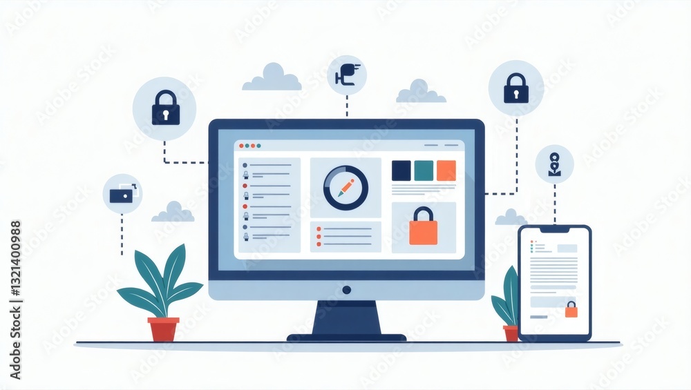 Aufkleber a computer and phone displaying security features in a graphic design