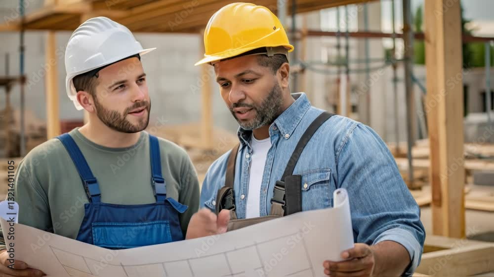 Poster construction workers wearing protective hard hats reviewing architectural blueprint, discussing proj