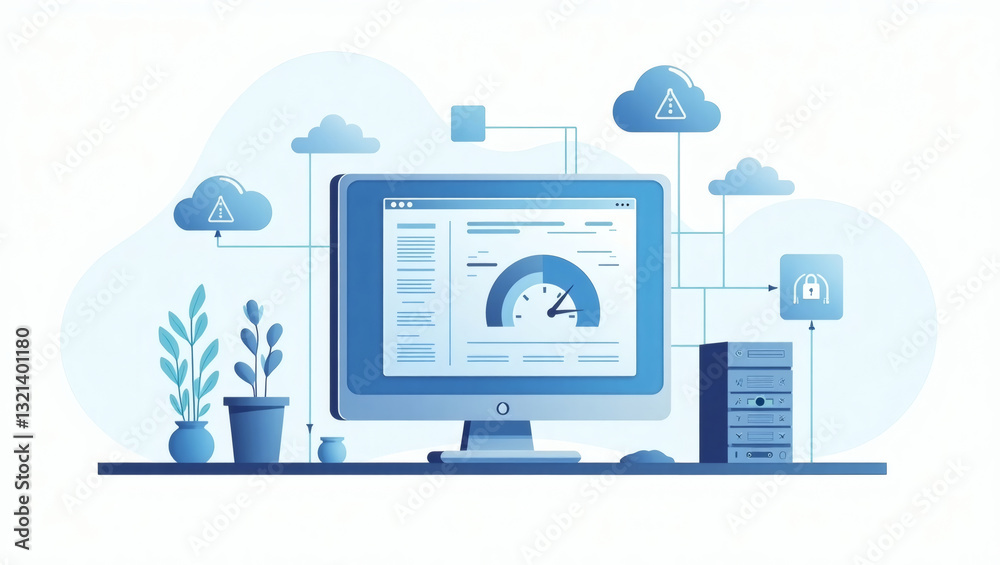 Aufkleber illustration depicting the interconnectedness of cloud computing, server, and computer, emphasizing 