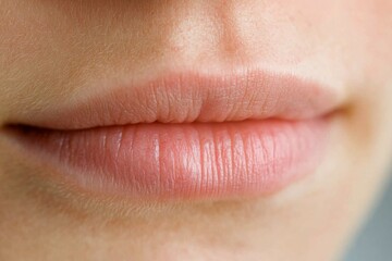 Fototapeta premium Close-Up of Full and Glossy Pink Lips with Smooth Skin, Slightly Parted, Blurred Background - Beauty Concept
