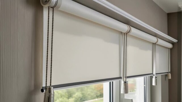Elegant roller blinds gracefully raise and lower, adjusting the light entering through a window, showcasing their smooth operation and enhancing interior design