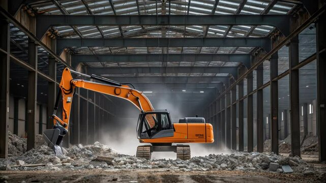 Powerful hydraulic excavator removing concrete debris and creating dust while clearing abandoned industrial building interior for renovation or demolition project