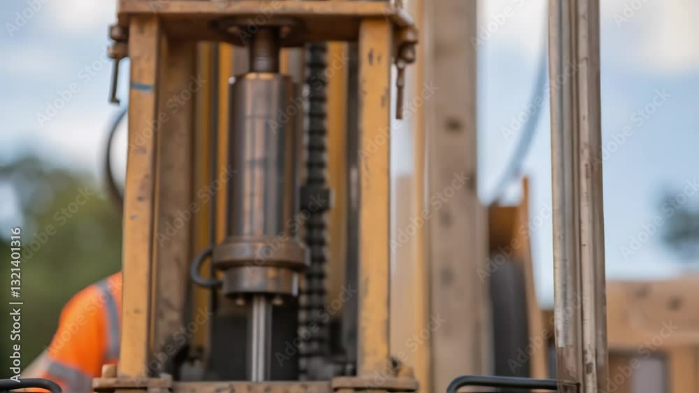 Poster close up view of a hydraulic piston rhythmically moving on a construction site, with a blurred const