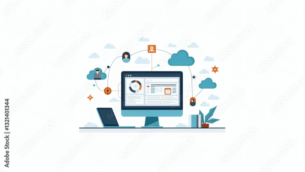 Poster a illustration of cloud computing concept with a computer, laptop and cloud icons