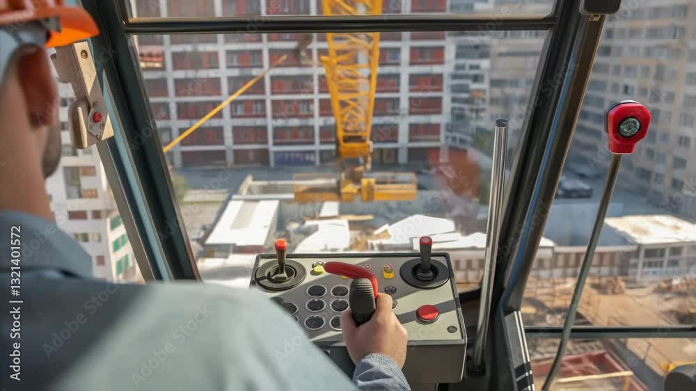 Poster construction worker skillfully controlling heavy crane machinery from cabin, maneuvering joysticks h