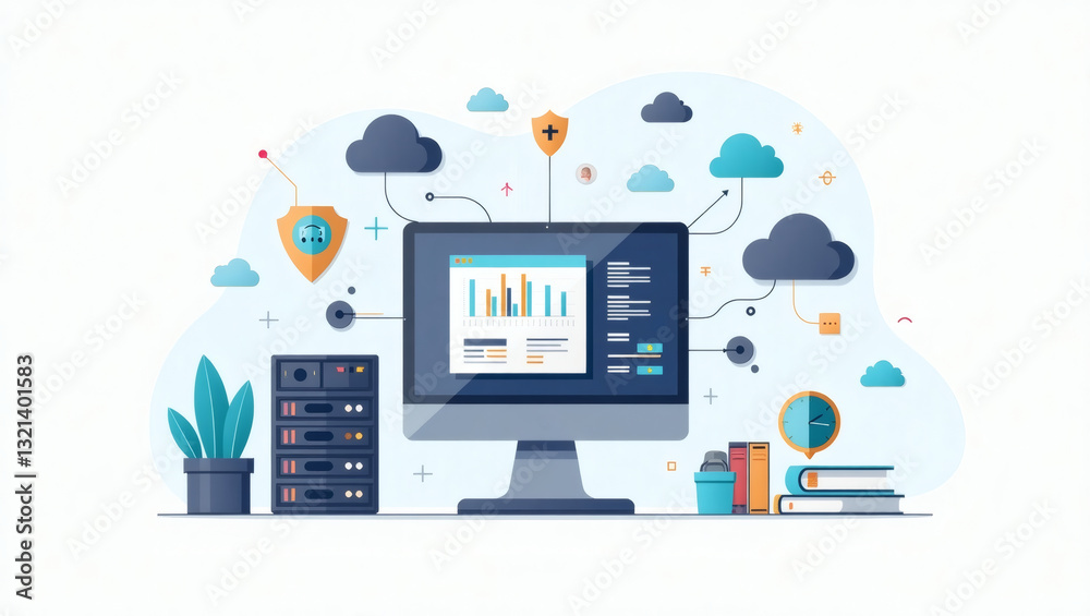 Poster a digital illustration showcasing cloud computing, data security, and network infrastructure, all interconnected seamlessly. the image include of server, a computer with charts and a secure shield
