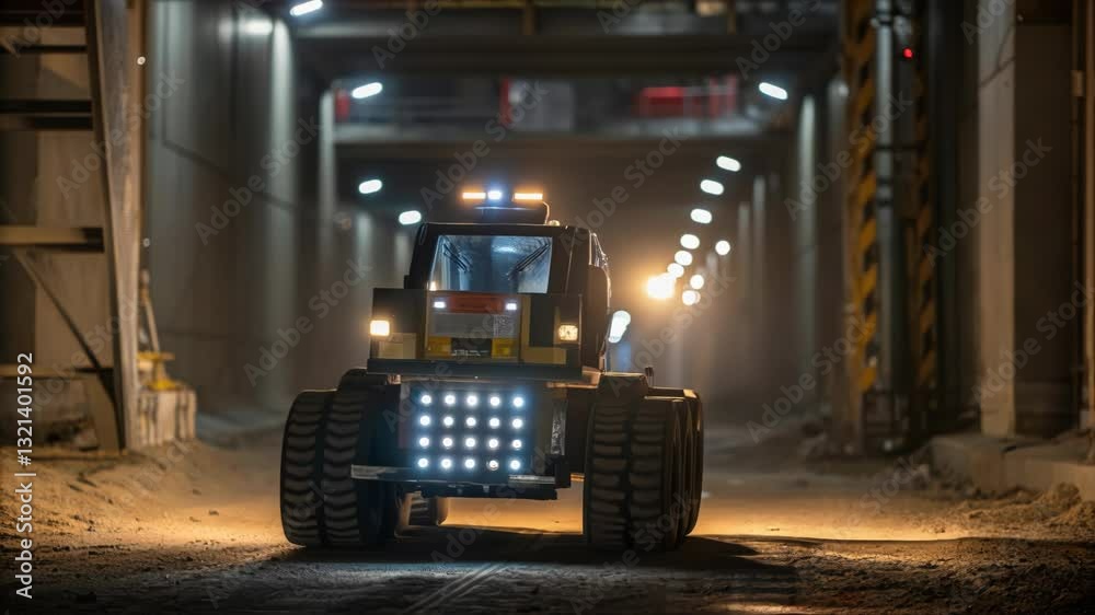 Poster futuristic robotic vehicle navigates a dimly lit underground tunnel, its led lights illuminating the