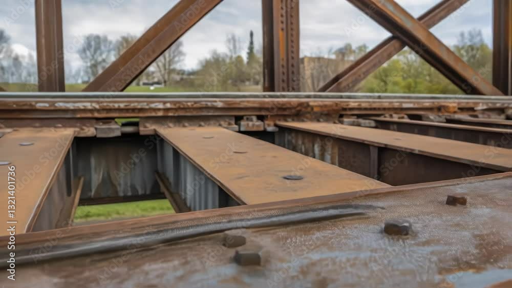 Poster weathered railway bridge metal structure revealing deep rust patterns, showcasing industrial decay t