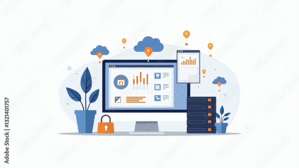 Poster a illustration shows a desktop computer with data, clouds, and security lock, with a modern and tech