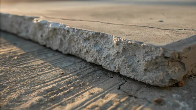 Deteriorating concrete slab revealing spalling surface, exposing aggregate and highlighting material decay caused by weathering and structural stress