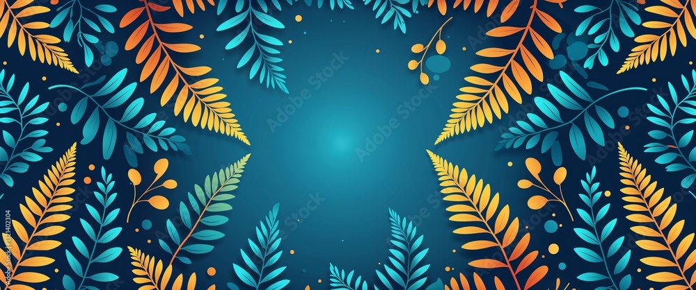 Wall mural fern leaf pattern on cyan plain background digital abstract art work illustration design