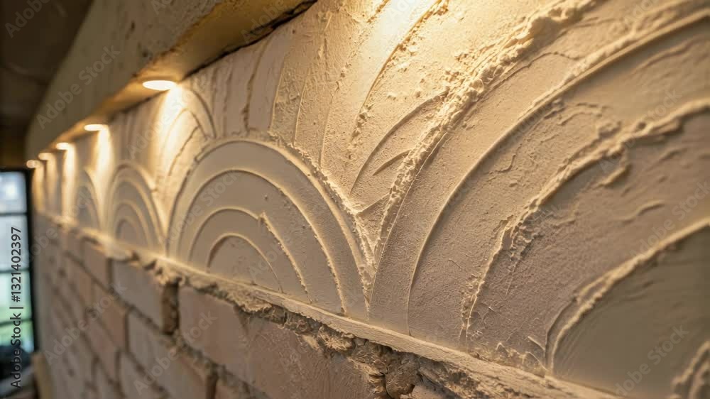 Poster warm spotlights illuminate a textured, decorative plaster molding applied to a brick wall, creating 