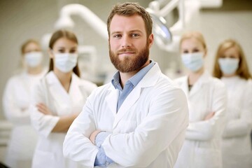 Obraz premium Dental Professionals in White Lab Coats and Face Masks Standing in Clinic with X-Ray Machine and Dental Equipment