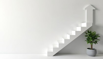 White staircase leads to success, progress, development in business, personal growth. Clean minimal design with plant on white background for presentations, web, advertising. Step by step achievement