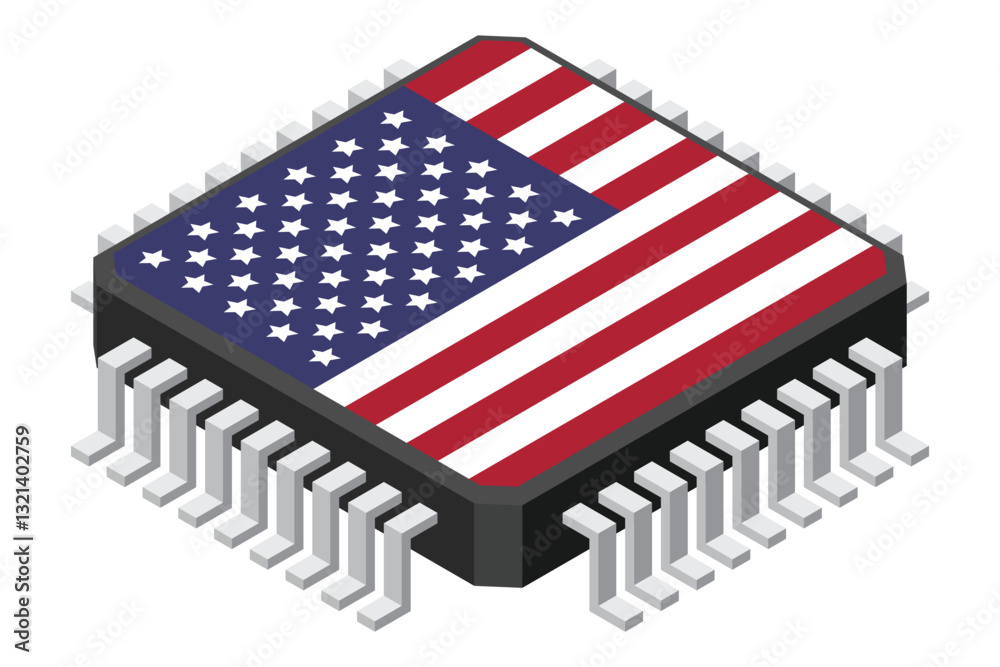 Fototapete Microchip computer electronic component with USA flag. Microchip icon. Isometric microchip. Computer processor technology. Microprocessor