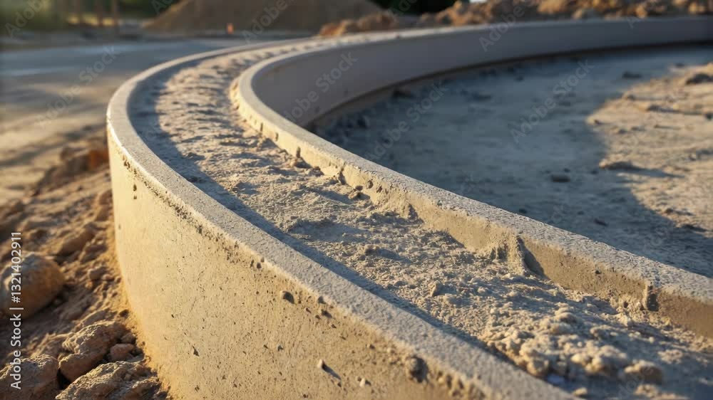 Poster Smooth concrete curb forming gentle rounded edge, delineating construction site boundary between roadway and emerging sidewalk pathway during urban infrastructure development