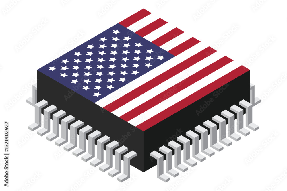Fototapete Microchip computer electronic component with USA flag. Microchip icon. Isometric microchip. Computer processor technology. Microprocessor