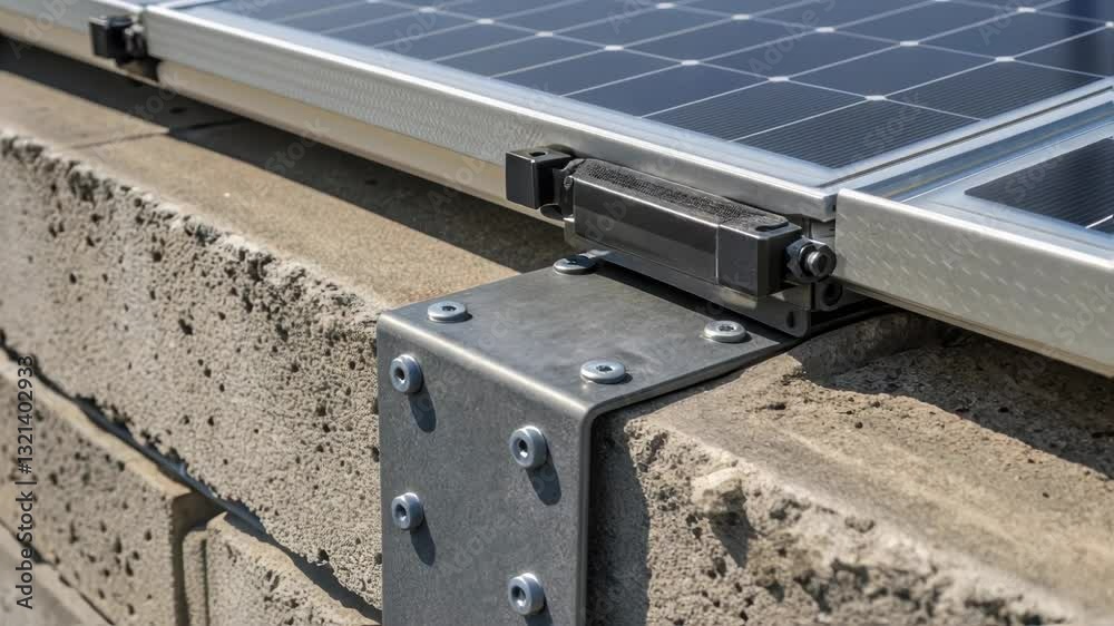 Poster sunlight illuminates a solar panel securely mounted on a concrete wall, showcasing the robust metal 